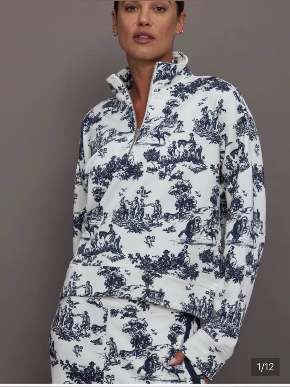 Carbon38 White Quarter-Zip Sweater with Navy Toile Print